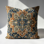 Single Persian chenille pillow cover showing full medallion pattern detail in navy, rust, and olive green