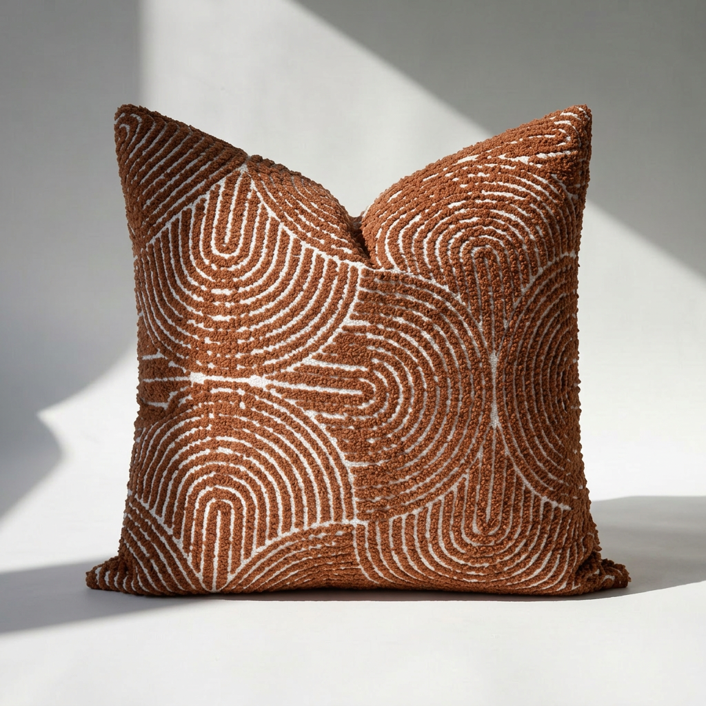 Single tufted burnt orange chenille pillow cover with geometric swirl design, front view