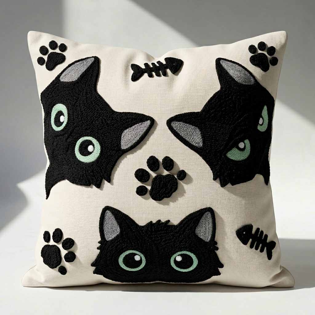 Embroidered cotton canvas throw pillow cover with black cat faces, paw prints, and fish bone motifs on cream background