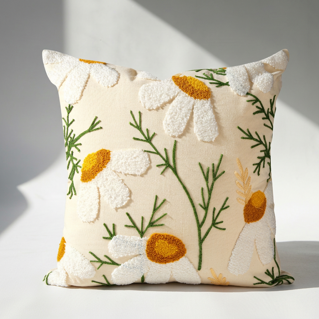 Set of 2 punch needle daisy embroidered cotton canvas throw pillow covers in cream with white tufted petals and golden centers