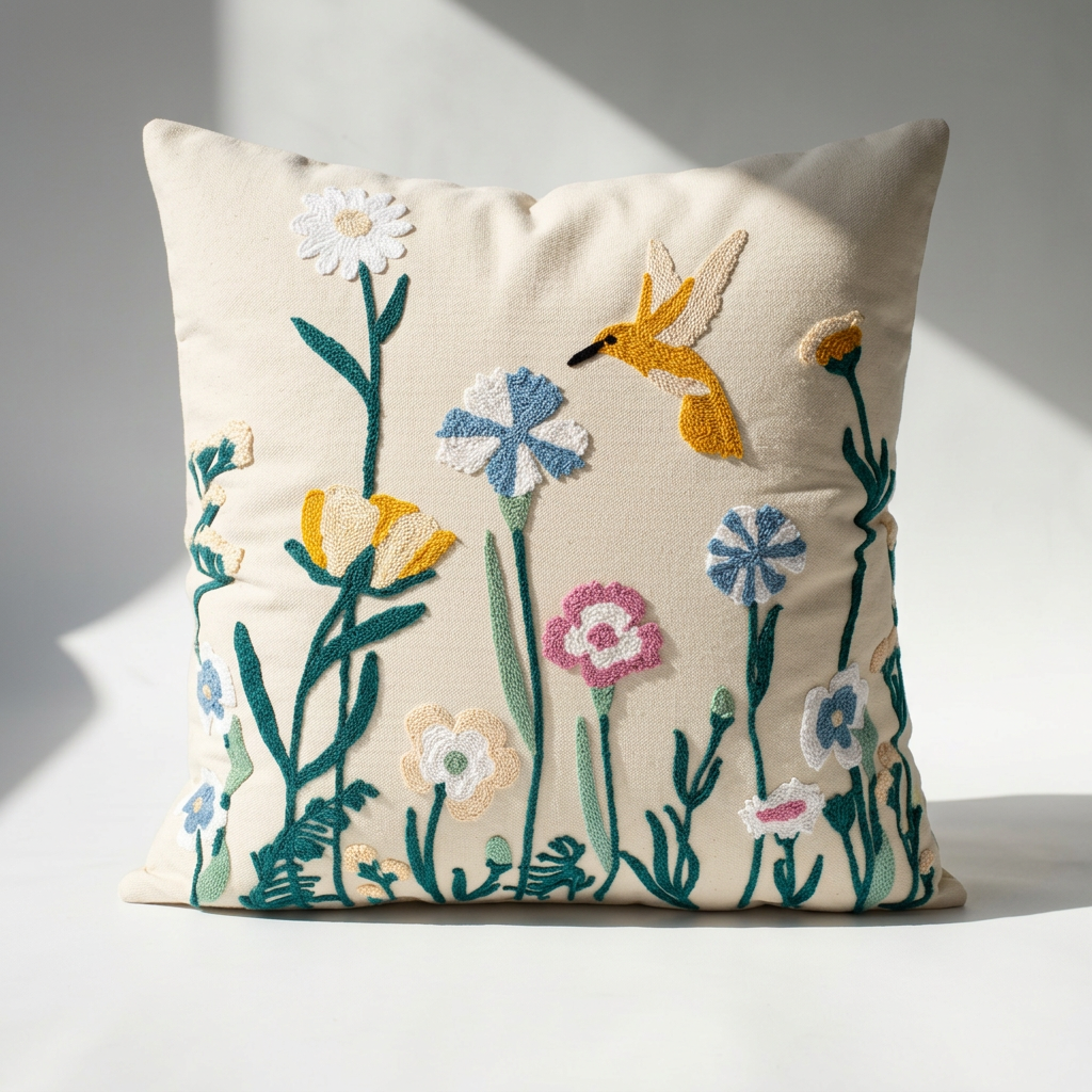 Embroidered cotton canvas throw pillow cover with hummingbird and wildflower motif in teal, yellow, pink, and blue on ivory background
