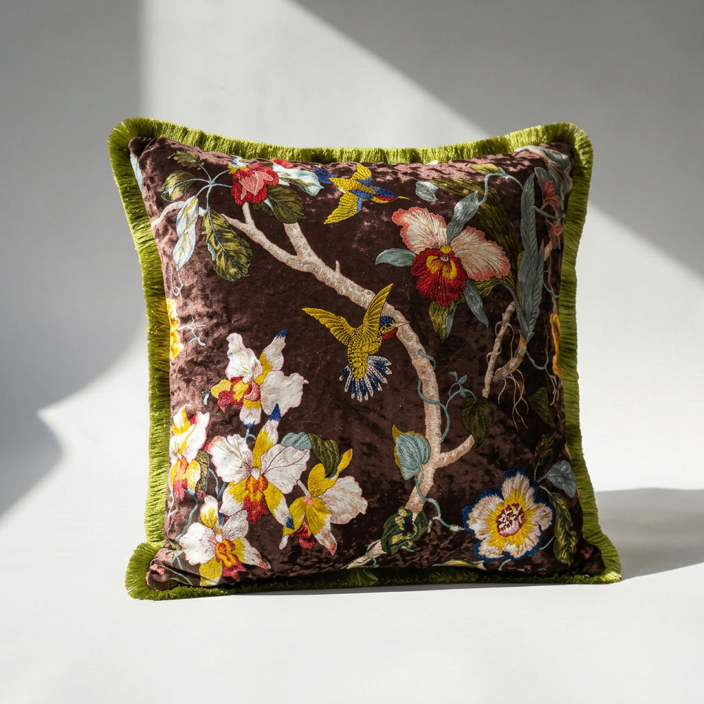 Japanese Floral Velvet Throw Pillow Cover