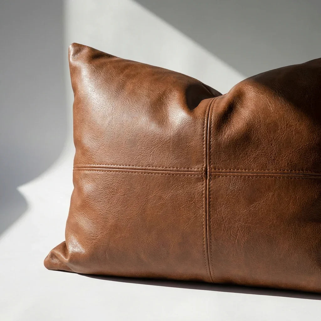 Close-up of cognac brown vegan leather lumbar pillow cover showing panel topstitching detail