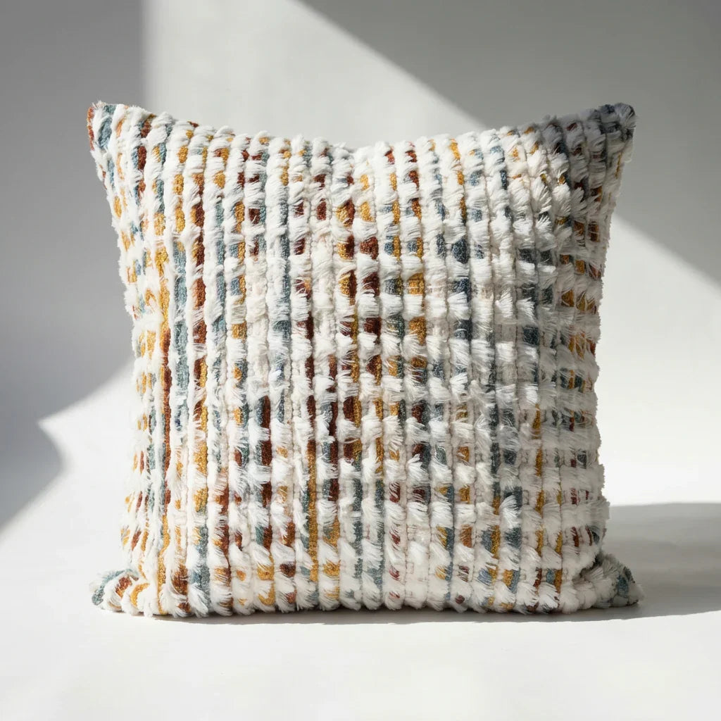 Boho chenille tufted throw pillow cover in cream, brown, gold, and teal with looped fringe texture on white surface