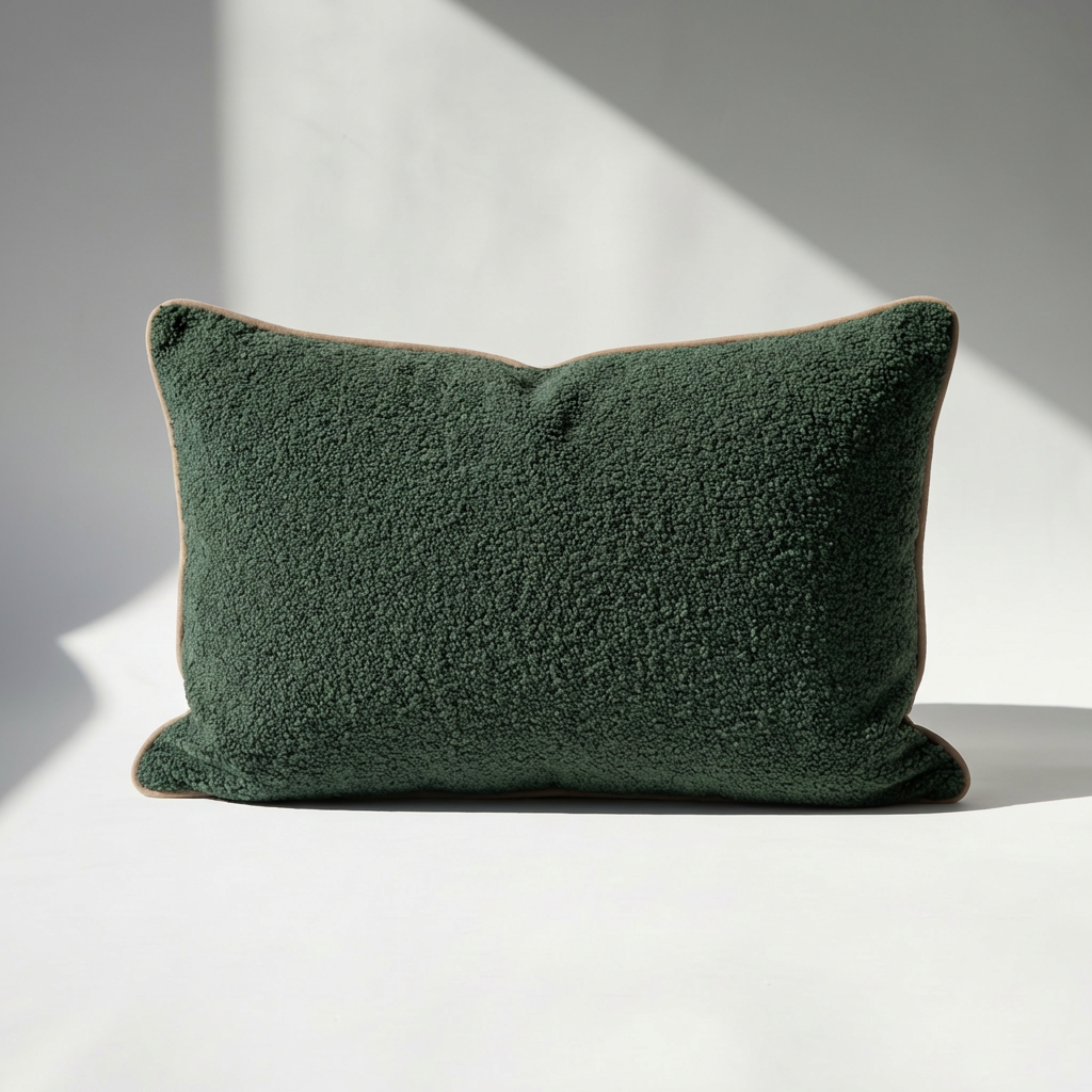 Rectangular dark green boucle pillow cover with beige piping, soft textured fabric on white background, natural light.
