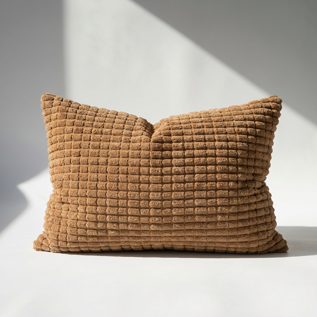 Brown corduroy lumbar pillow cover with raised grid texture, rectangular shape