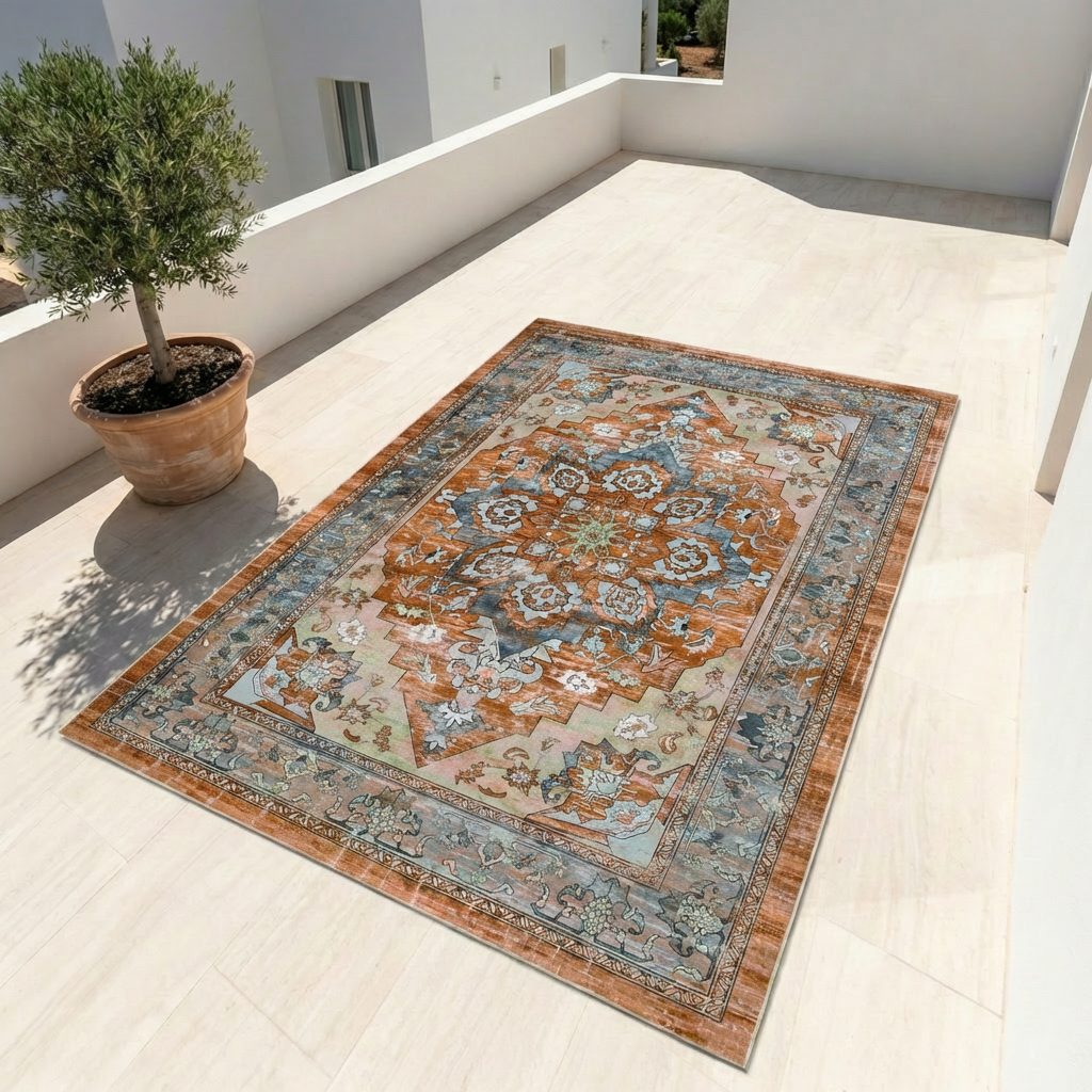 Persian-style vintage medallion area rug with floral pattern in warm rust tones displayed on a light stone floor