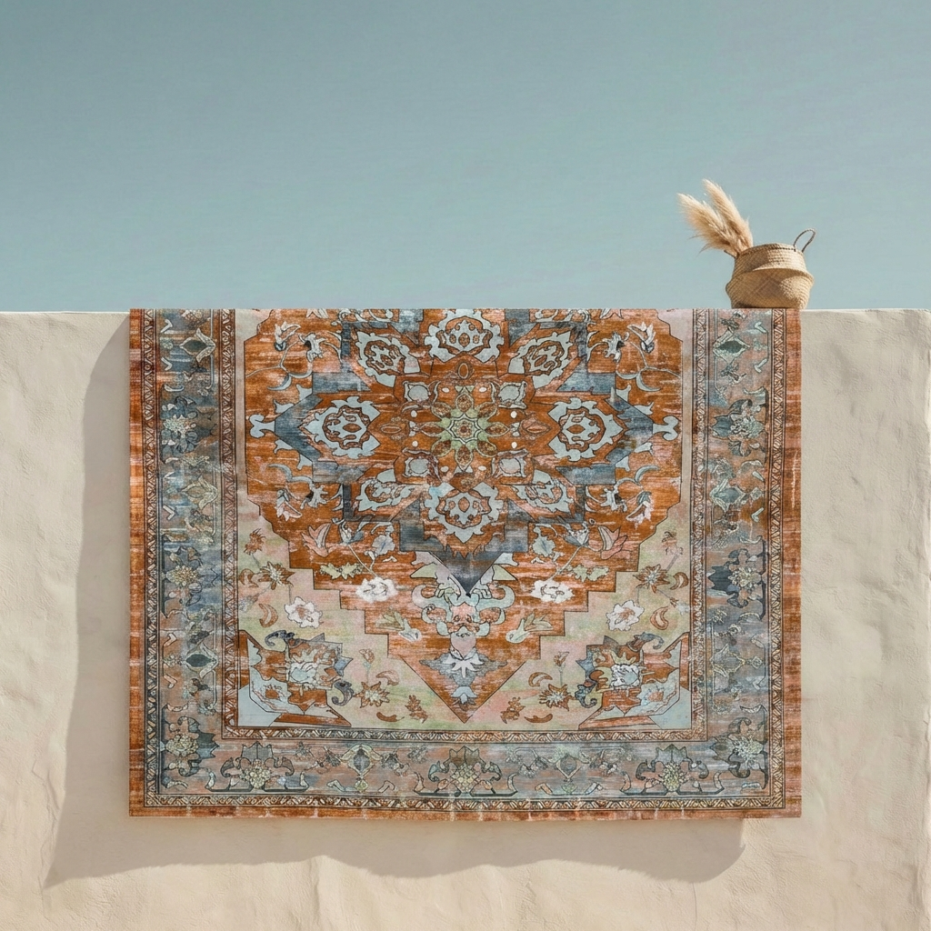 Boho Persian vintage rug with distressed antique finish, full flat lay view showing intricate floral medallion design