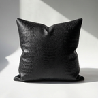Single black crocodile embossed vegan leather square throw pillow cover on white background