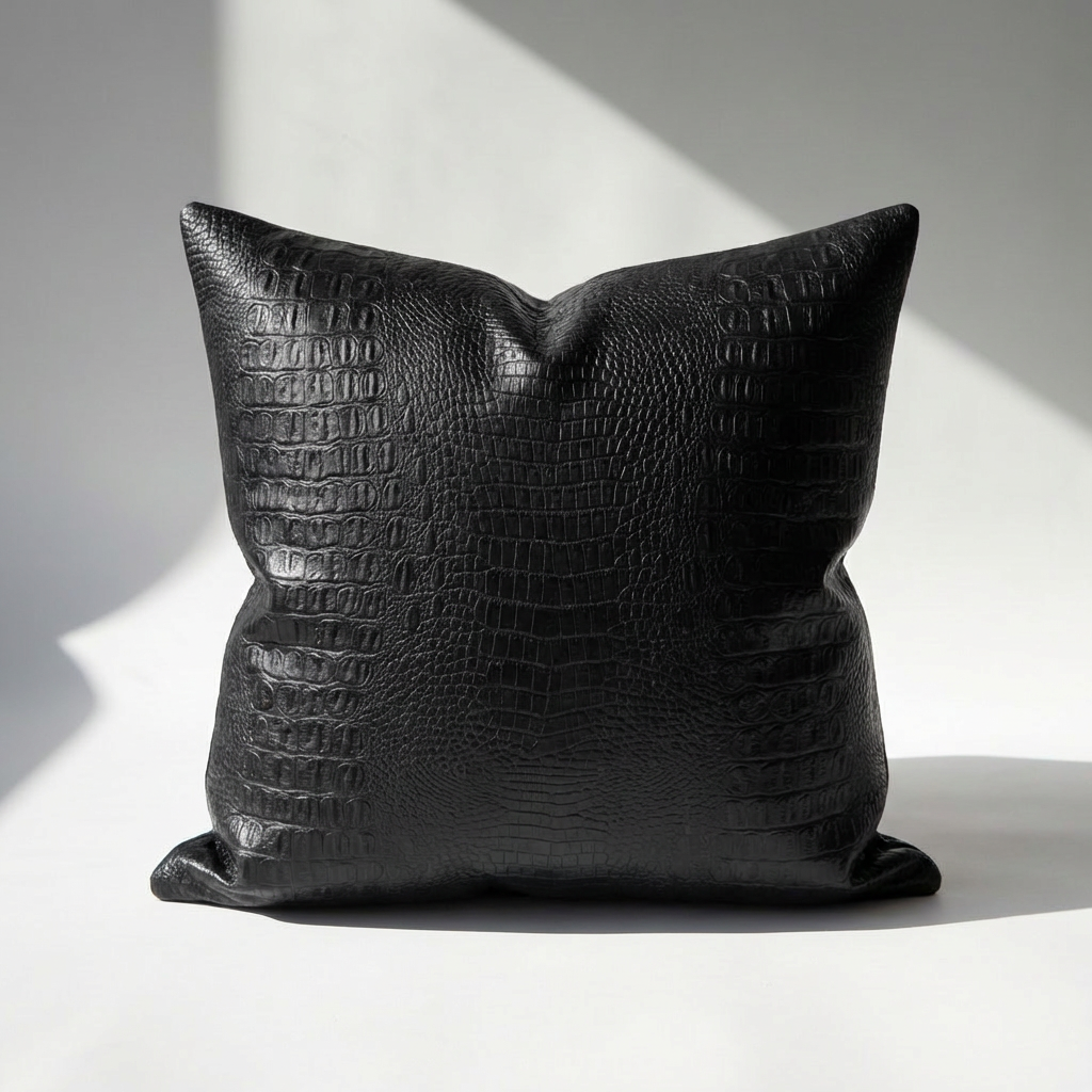 Single black crocodile embossed vegan leather square throw pillow cover on white background