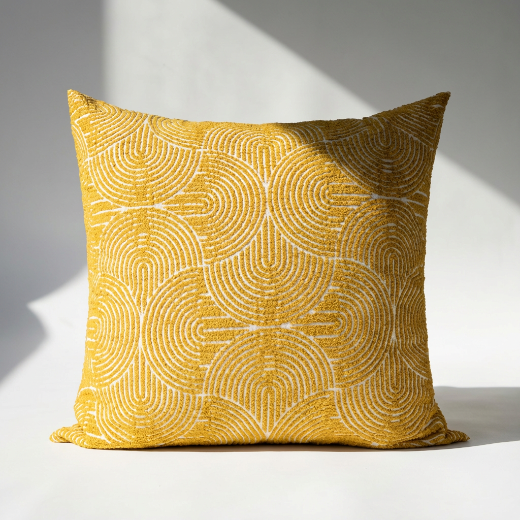 Yellow patterned pillow on a white background