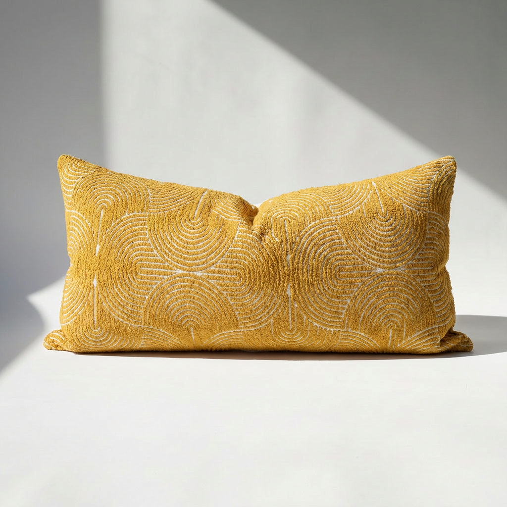 Yellow textured pillow on a light gray background