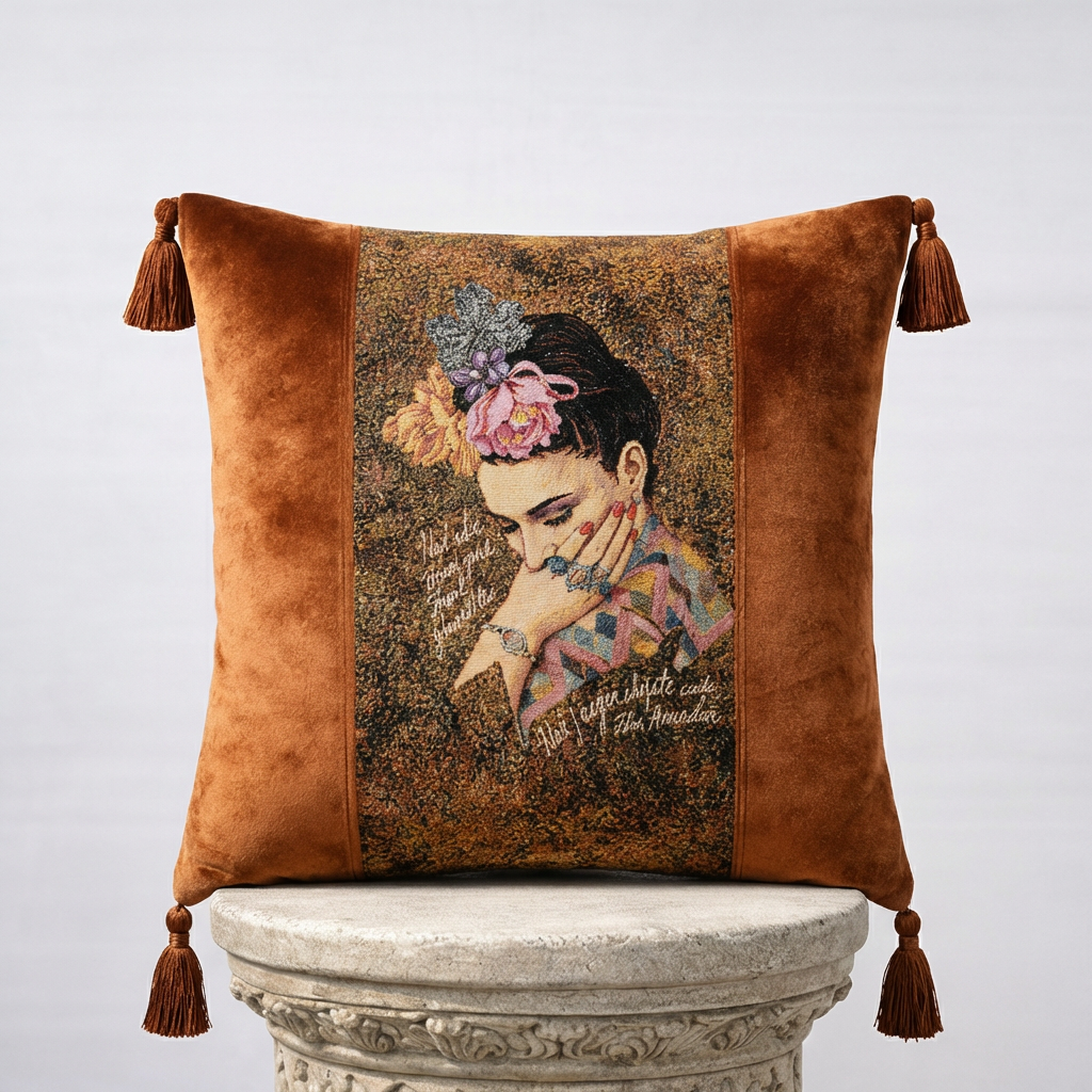 Frida Kahlo velvet tapestry throw pillow cover with corner tassels in burnt orange, 18x18 in