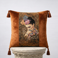 Frida Kahlo velvet tapestry throw pillow cover with corner tassels in burnt orange, 18x18 in