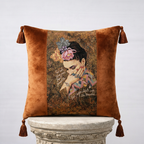 Frida Kahlo velvet tapestry throw pillow cover with corner tassels in burnt orange, 18x18 in