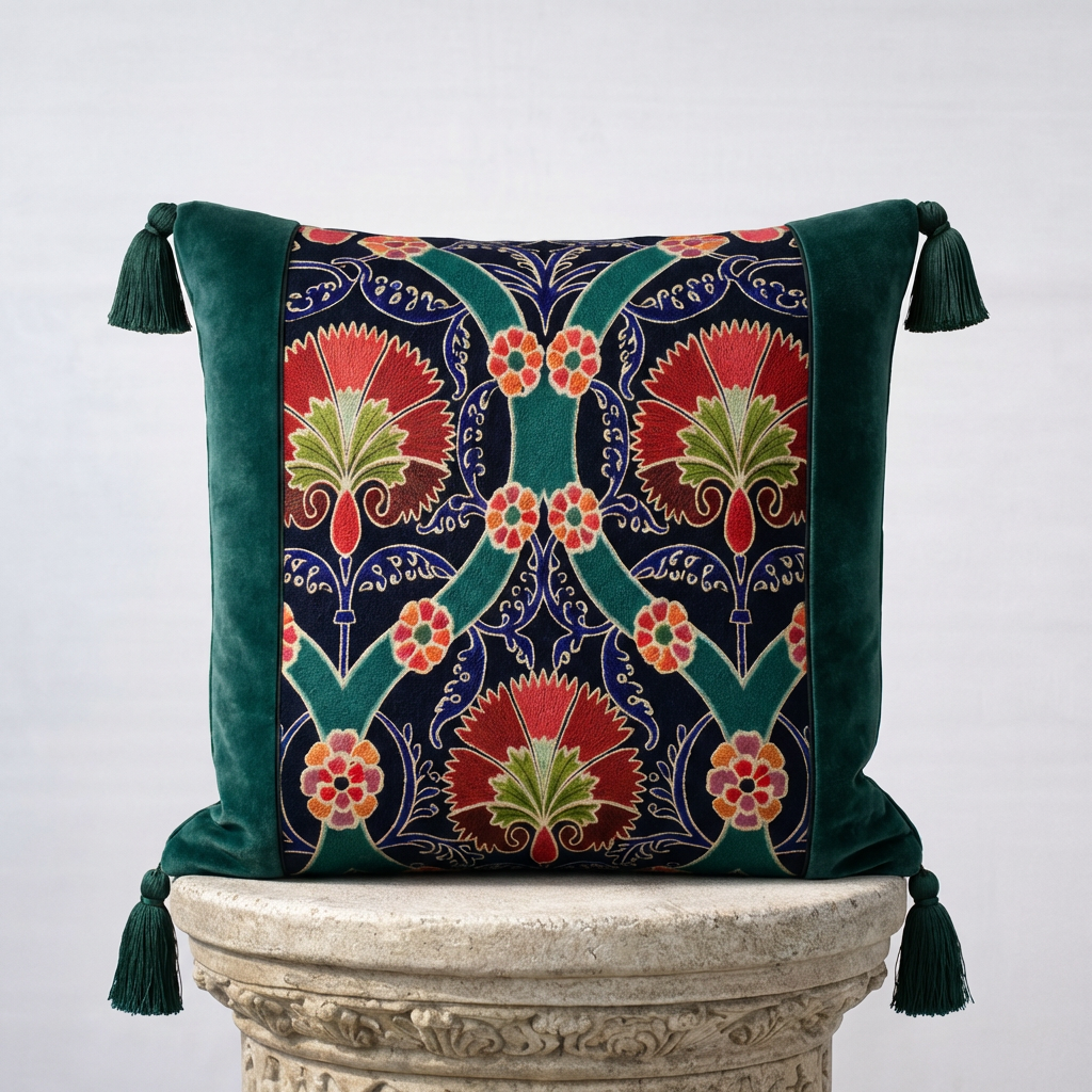 Handcrafted green velvet throw pillow cover with embroidered floral botanical panel and corner tassels on stone pedestal