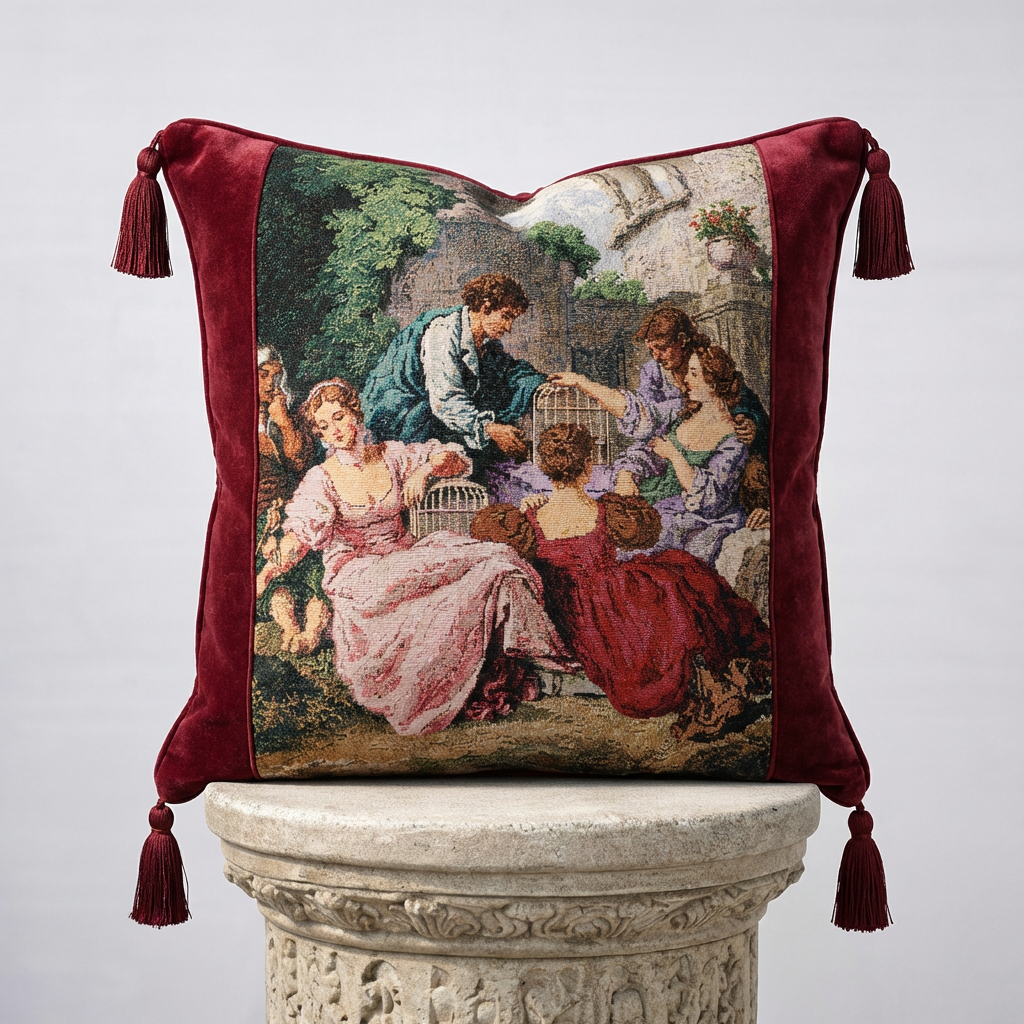 Burgundy velvet and woven tapestry throw pillow cover with Renaissance garden scene and decorative corner tassels, 18x18