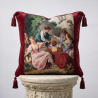 Burgundy velvet and woven tapestry throw pillow cover with Renaissance garden scene and decorative corner tassels, 18x18