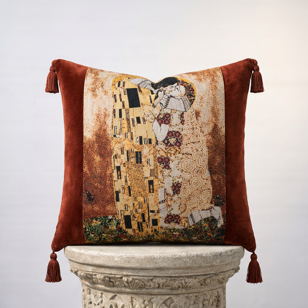 Gustav Klimt The Kiss velvet tapestry throw pillow cover with corner tassels in terracotta rust, 18x18