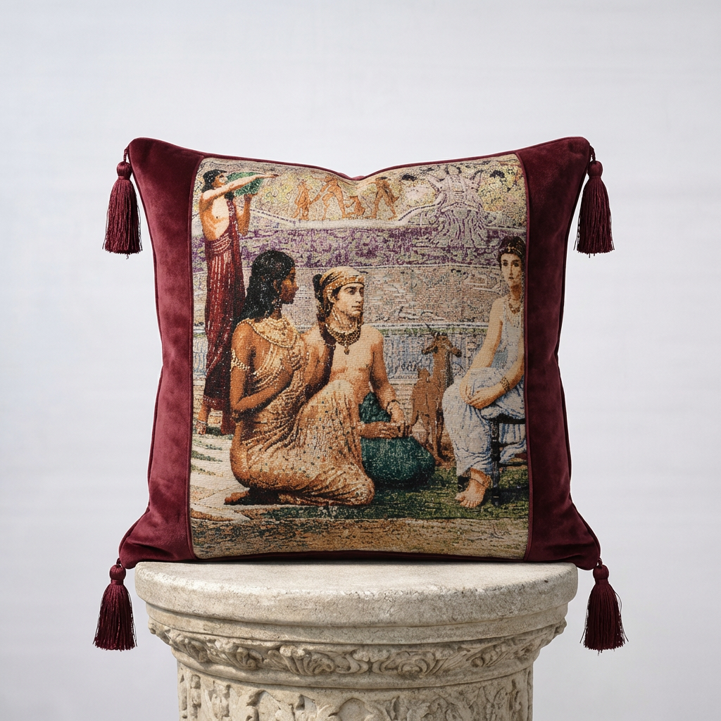 Burgundy velvet and Renaissance tapestry throw pillow cover with corner tassels on stone pedestal